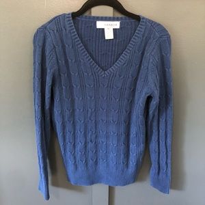 Blue Cable Knit V-Neck Sweater